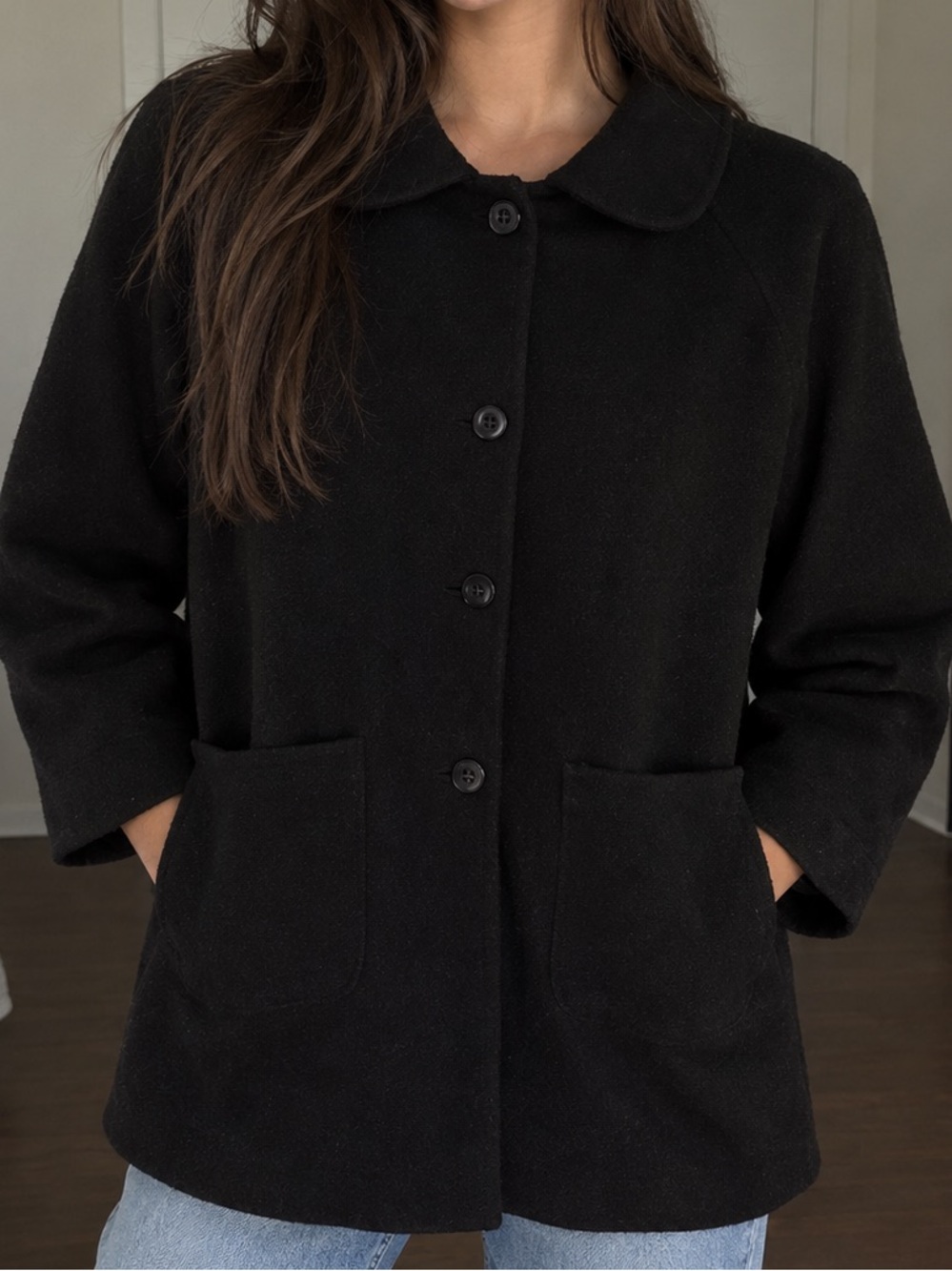 Women’s Black Button-Front Pea Coat with Rounded Collar